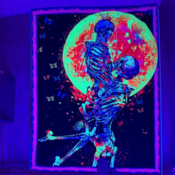 Black Light Skeleton Lovers Moonlight Skeletons Moon Wall Tapestry Blacklight - Picture 7 of 13